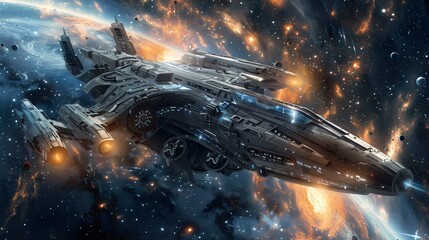 A spaceship traveling through space, surrounded by volumetric light and a detailed background
