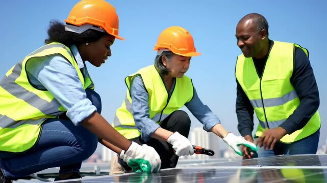 Multi-ethnic team of engineers collaborating and instaling or repairing solar panels atop a rooftop, promoting sustainable energy solutions and advancing renewable technology for a greener future
