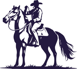 Fototapeta premium Cowboy with rope lasso in his hand on galloping horse silhouette element vector illustration.
