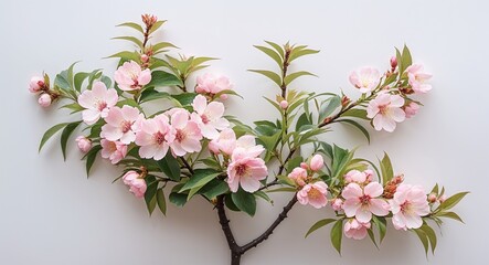 plant with soft pink cherry blossom flower and slender leaves on plain white background