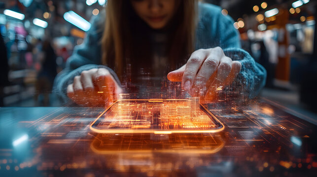 Interactive AR advertisement on a smartphone, user exploring digital product features with holographic display, copy space