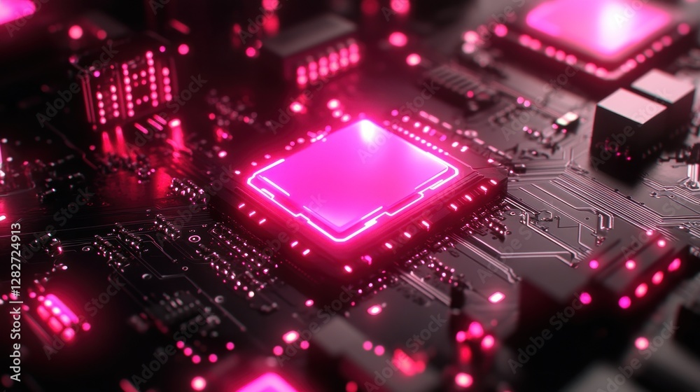 Aufkleber close-up of a glowing pink central processing unit (cpu) on a circuit board.