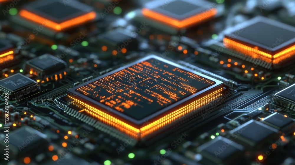 Aufkleber close-up of a glowing computer chip with code visible on a circuit board.