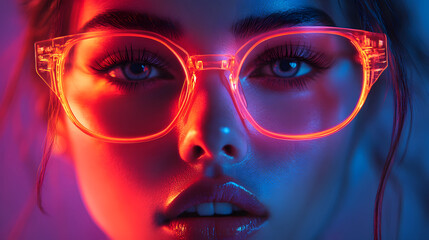 Fashion-forward virtual influencer promoting designer accessories with neon cyberpunk elements, stylish branding, copy space