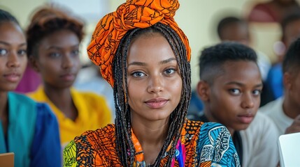Naklejka premium A young woman wearing an elaborate orange headwrap and colorful patterned clothing sits confidently in a classroom, radiating wisdom while peers participate passionately in the background.