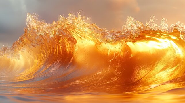 Golden wave crests with foamy spray under a cloudy sky