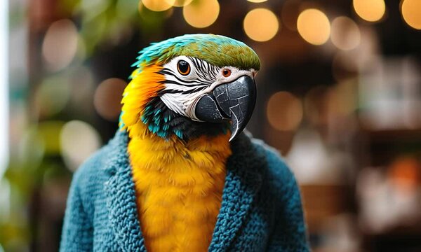 Colorful parrot wearing a cozy sweater, standing amidst a vibrant caf? backdrop with blurred lights