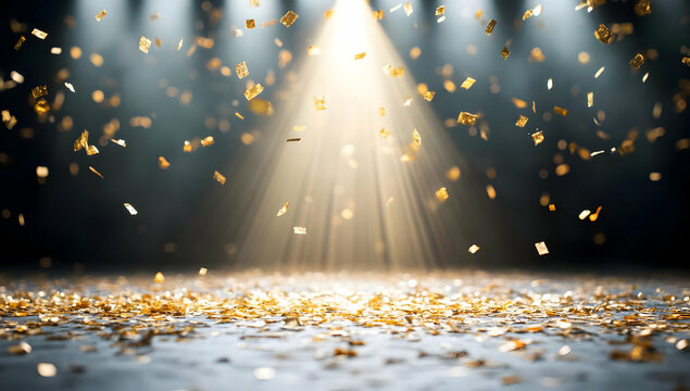 Golden confetti falling on stage under spotlight; celebratory event background; ideal for award ceremonies, success, achievement, or New Year's Eve