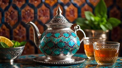 A traditional Moroccan mint tea being poured from a decorated silver teapot into a colorful glass, with fresh mint leaves and an intricate Middle Eastern tiled background.