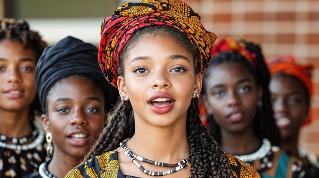 A joyful, diverse group of young girls in colorful traditional clothing and headwraps radiates confidence, showcasing cultural pride at a community gathering.