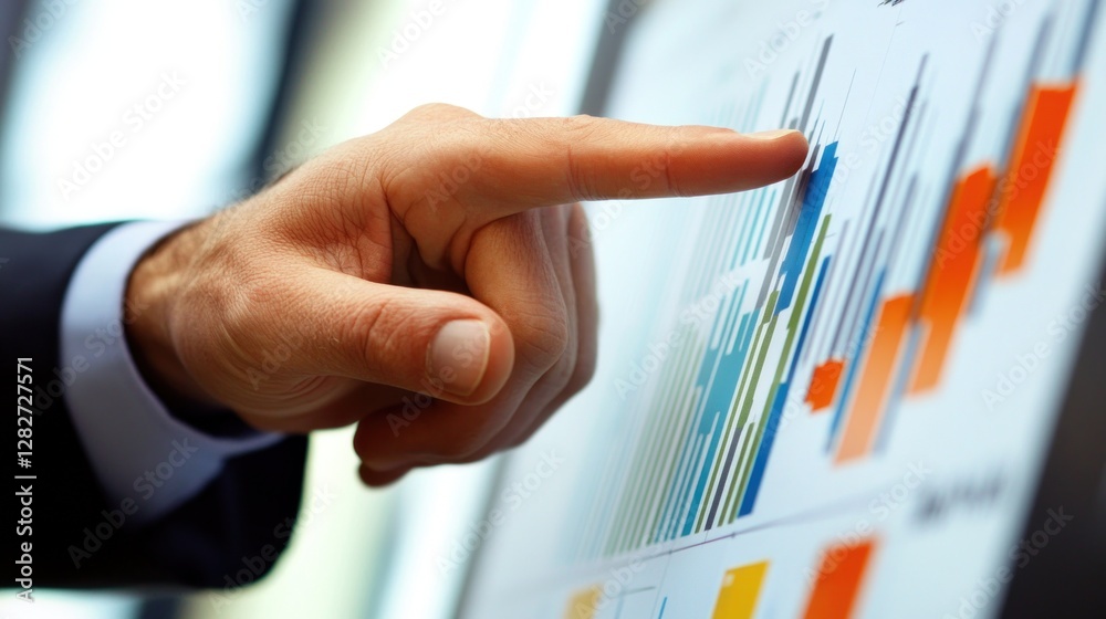 Poster close-up of a hand pointing at financial charts on a screen.