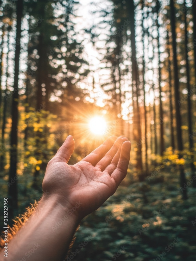 Poster reaching for sunlight among the trees in a serene forest during golden hour. generative ai