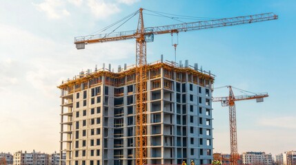 Modern Urban Construction Site with Cranes Against Clear Blue Sky and New Building Progress