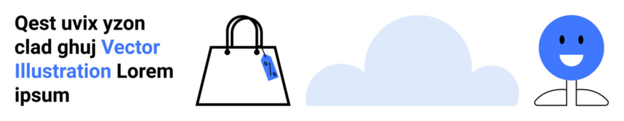 Fototapeta premium Shopping bag with tag, blue cloud, and smiling human figure combine with text in clean layout. Ideal for e-commerce, branding, communication, cloud technology, positivity, marketing flat landing