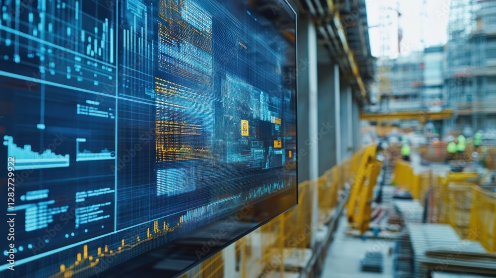 Poster close-up of a large screen displaying complex data and graphs, with a blurred construction site in t