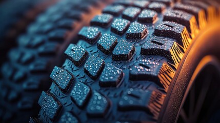 Close-up of an all-terrain tire showcasing deep treads and textured surface