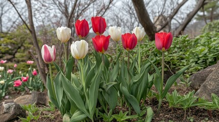 Colorful Spring Flowers in Japanese Garden Style