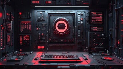 Obraz premium Futuristic control room, red lights, monitoring, server, technology