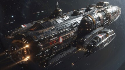 A photorealistic depiction of a ship in space, showcasing chiaroscuro lighting and intricate designs