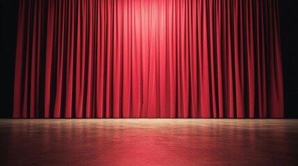 Red Velvet Stage Curtain in Empty Theater Ready for Performance or Show with Dramatic Lighting