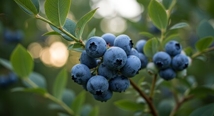 Fototapeta premium Abundant blueberry harvest awaiting collection from the leafy branches