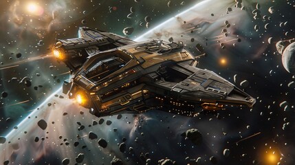 A photorealistic ship exploring the universe, with perfect composition and volumetric light