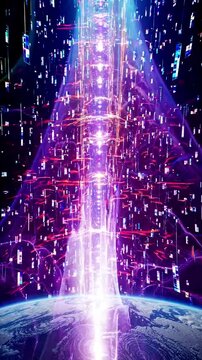Vertical descent through layers of digital dimensions, deep space backdrop with spectrum transition, portraying multiverse exploration. Video backgrounds
