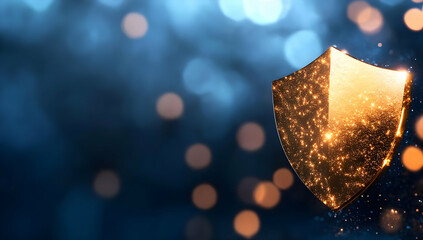 Golden shield symbolizing security and protection, abstract blue bokeh background, ideal for cybersecurity or insurance marketing