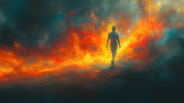 Mystische Silhouette eines Menschen, der durch lodernde Flammen geht  
