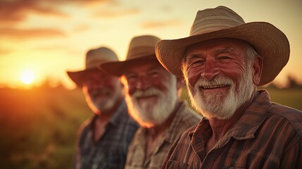 Fototapeta premium elderly farmers in the countryside standing in a field with hats on smiling warmly at sunset capturing the traditional rustic farming lifestyle and hardworking rural men