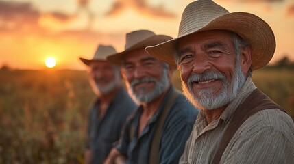 Fototapeta premium elderly farmers in the countryside standing in a field with hats on smiling warmly at sunset capturing the traditional rustic farming lifestyle and hardworking rural men