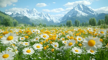 Idyllische Blumenwiese mit Gänseblümchen und Alpenpanorama im Hintergrund

