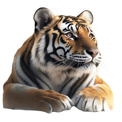 Fototapeta premium Tiger resting on the ground in a natural habitat with greenery and soft lighting on white background , cut out.
