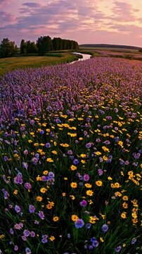 A meadow bursting with wildflowers, a stream glistening under a pastel sky. Golden-hour lighting. A tranquil, uplifting mood, evoking renewal and serenity. Vertical video backgrounds
