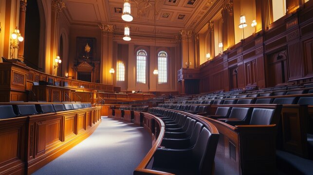 A legislative hall with contemporary seating and bright lighting. Featuring clarity and professionalism