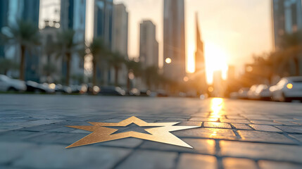 Obraz premium Golden star on city street at sunset, modern skyscrapers background. Ideal for success, achievement, awards, or urban lifestyle concepts