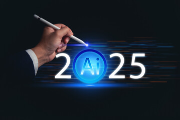 Hand holding pointing at futuristic AI 2025 text with glowing blue design. Concept development and...