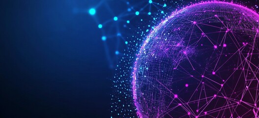 Abstract background with a digital planet, circuit board, and connections in blue and purple colors for a technology or global network concept. Big data