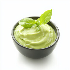 Creamy Avocado Dip with Fresh Basil in Dark Bowl