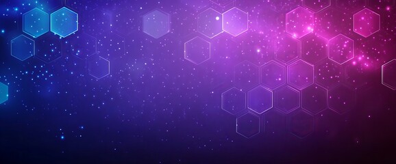 Blue and purple background with geometric hexagon shapes and glowing connections, Modern technology or digital data concept banner design.