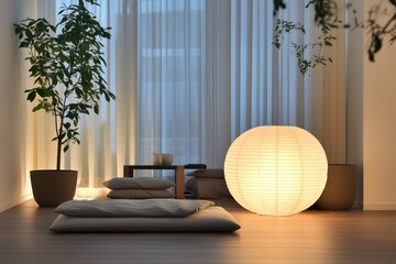 A calming space with a neutral palette, accented by a large Japanese paper lantern, floor cushions, and subtle greenery.