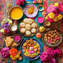 Holi Food Table with Sweet Treats and Traditional Drinks, Holi 