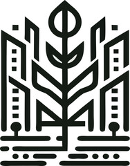 A modern, geometric line art logo representing the balance between technology and nature in urban development. 