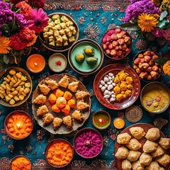 Holi Food Table with Sweet Treats and Traditional Drinks, Holi 