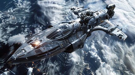 A photorealistic depiction of a spaceship in space, with artistic rendering and cinematic light