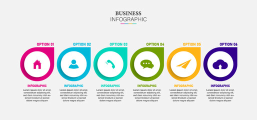 infographic design template with 6 options or steps. Can be used for process diagram, workflow layout, info graph, annual report, flow chart.