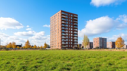 Fototapeta premium Modern Residential Building Surrounded by Green Field and Blue Sky on a Bright Sunny Day