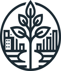 A modern circular line art logo that seamlessly integrates a city skyline with a flourishing tree. This design symbolizes the harmony between urban development and nature, promoting sustainability