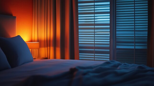Cozy bedroom at dusk with soft lighting, curtains drawn, and a calm ambiance inviting relaxation