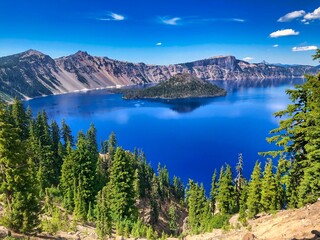 Summer View of Wizard Island at Crater Lake National Park in Oregon. © LMSwanson